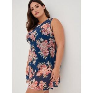 Torrid Blue Nice Ikat Floral Underwire Long Mesh Overlay Swim Dress Sz 3X DD/F